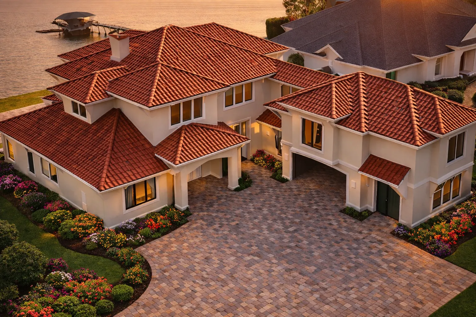 Front exterior view of a luxury Mediterranean style home featuring stucco walls, clay tile roofing, arched entry, and elegant European proportions