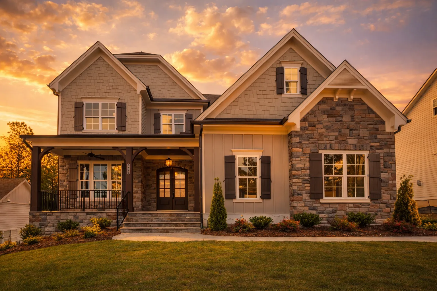 House Plans with Home Office 15 Front elevation of a New American style house featuring stone veneer, horizontal siding, gabled rooflines, and a covered front porch