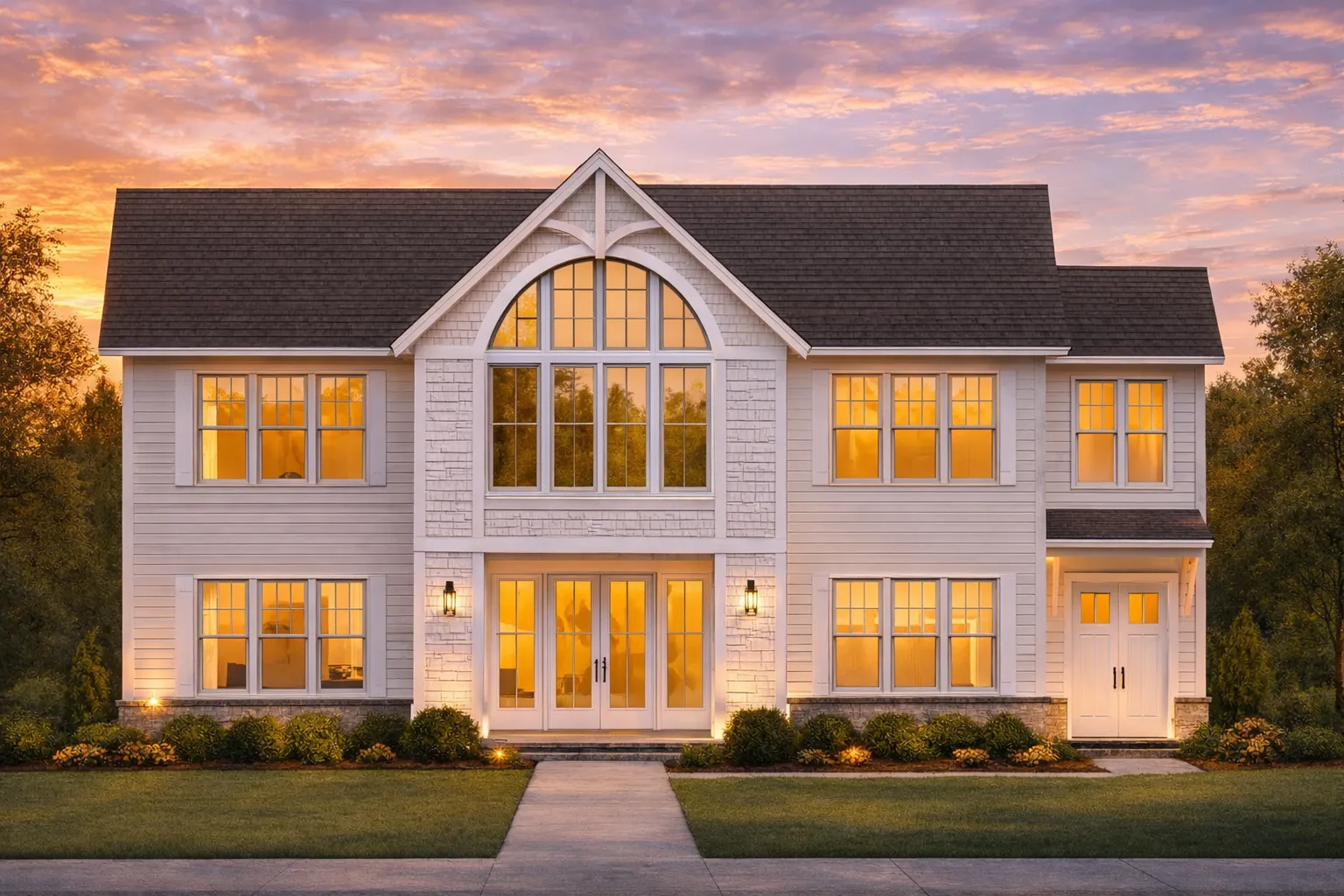 Sloping Lot House Plans 13 Front elevation of a New American modern traditional house featuring stone accents, horizontal siding, large windows, and a symmetrical two-story design