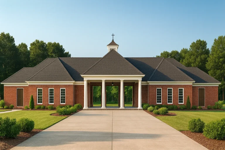 Front elevation of a Neoclassical clubhouse building with brick exterior, classical columns, symmetrical windows, and central portico entrance
