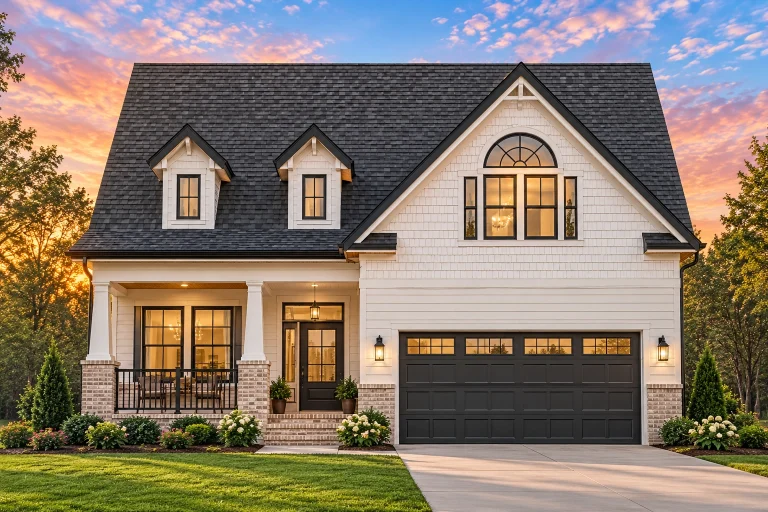 Front elevation of a New American style house with lap siding, stone accents, dormer windows, and an attached two-car garage