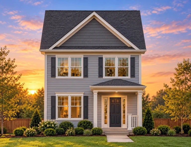 Front elevation of a Traditional Colonial style house featuring beige horizontal siding, black shutters, and a centered entry door under a small covered porch