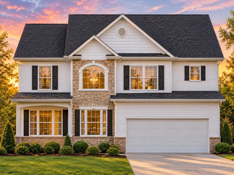 Front elevation of a Colonial Traditional style two-story home featuring white siding, dark shutters, and stone accent facade