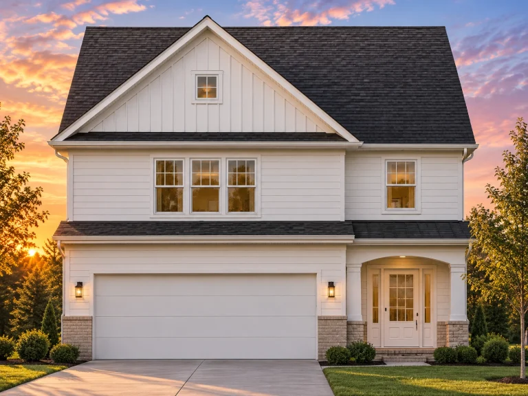 Cottage House Plans 1 Front elevation of a Traditional Colonial home with light siding, stone accents, and dark shutters, featuring a symmetrical two-story design with gable roof and two-car garage.