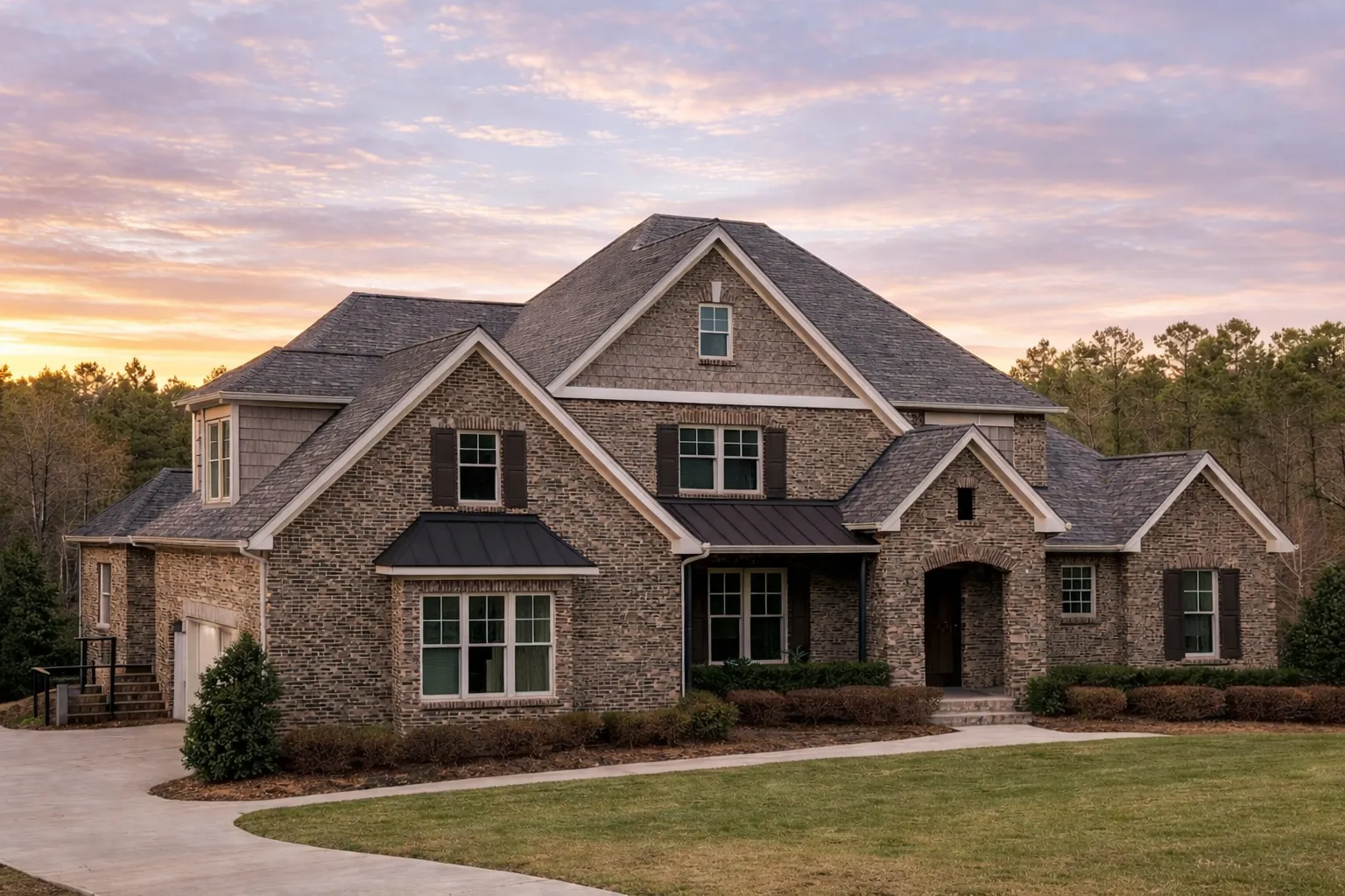 Front elevation of a New American Traditional brick home with symmetrical gables, covered entry, and classic suburban curb appeal