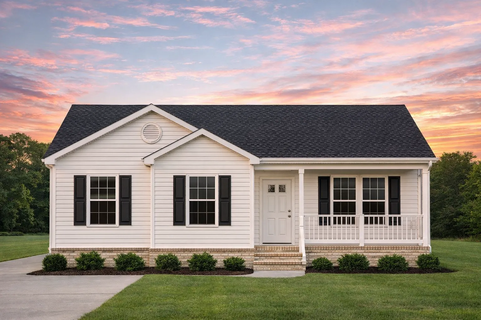 Front elevation of a traditional ranch style house featuring white horizontal lap siding, black shutters, gable detailing, and a welcoming covered porch