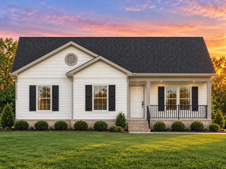 Front elevation of a traditional ranch style house featuring white horizontal lap siding, black shutters, gable detailing, and a welcoming covered porch