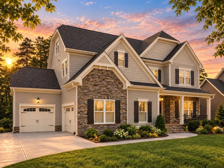 Front elevation of a New American modern traditional two-story home with stone veneer, horizontal lap siding, board-and-batten gables, warm wood shutters, and a covered entry
