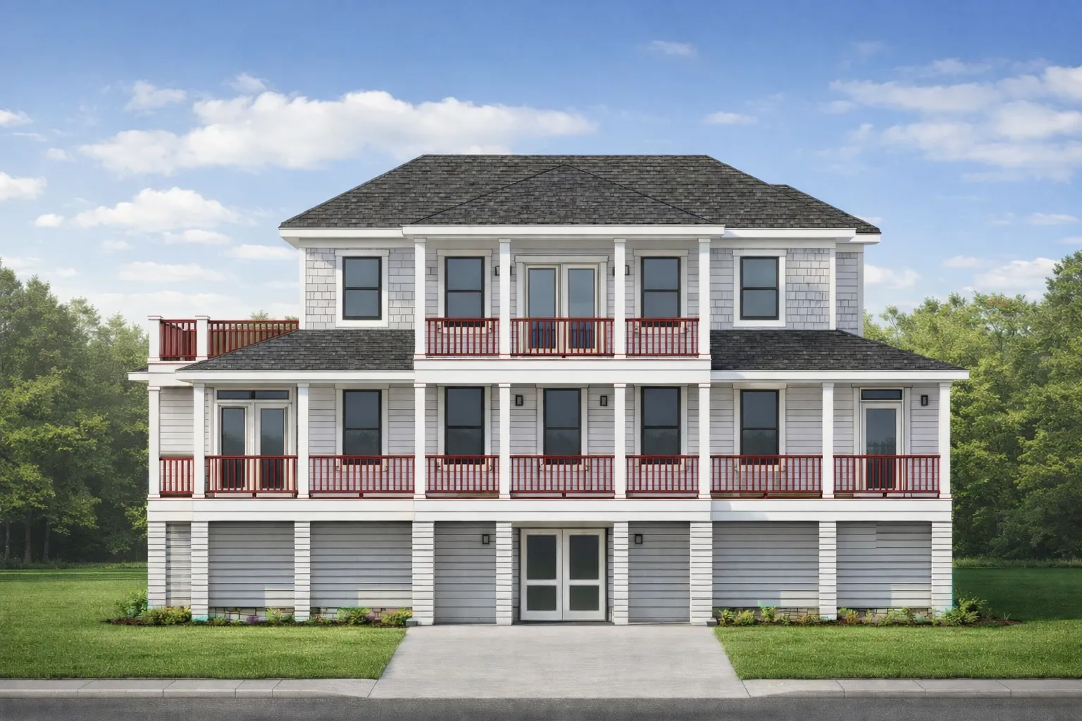 Modern Suburban House Plans 13 Front view of a three-story Coastal Beach style home with light horizontal siding, two full-length porches, and a covered entryway.