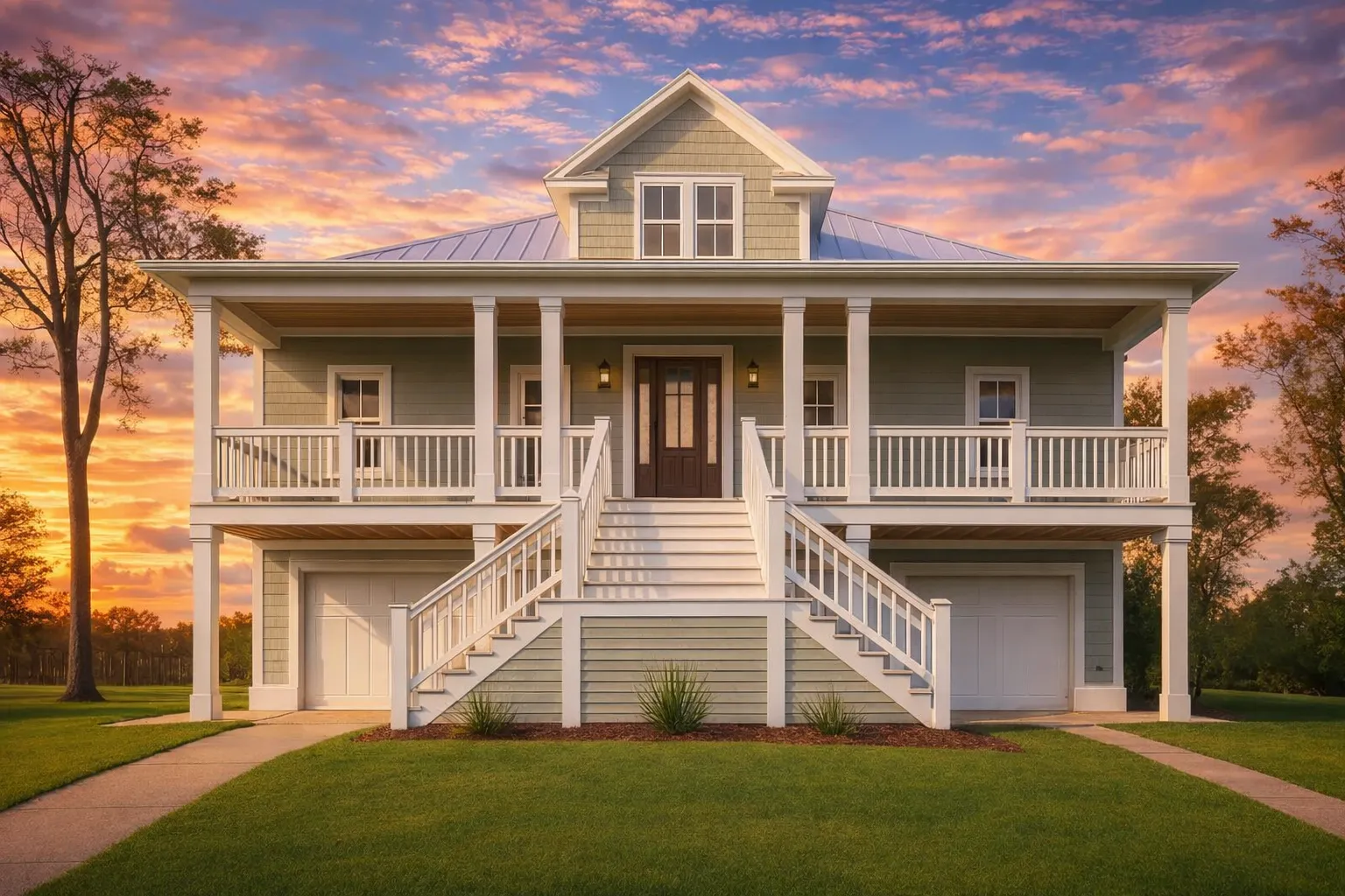 Front elevation of Low Country coastal style home with raised foundation, wide covered porch, lap siding, and metal roof