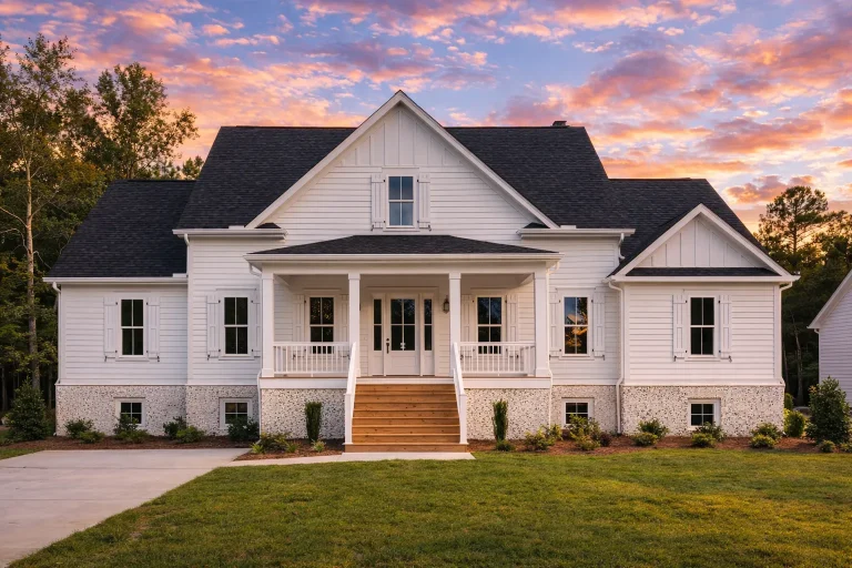 Front view of a Modern Farmhouse home with white board and batten siding, stone base, black metal roofing, and a welcoming covered porch