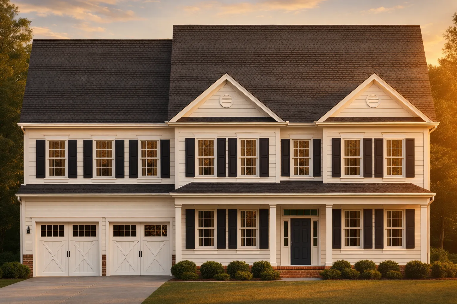 Front elevation of a Traditional Colonial style home with white lap siding, black shutters, gabled rooflines, and an attached two-car garage