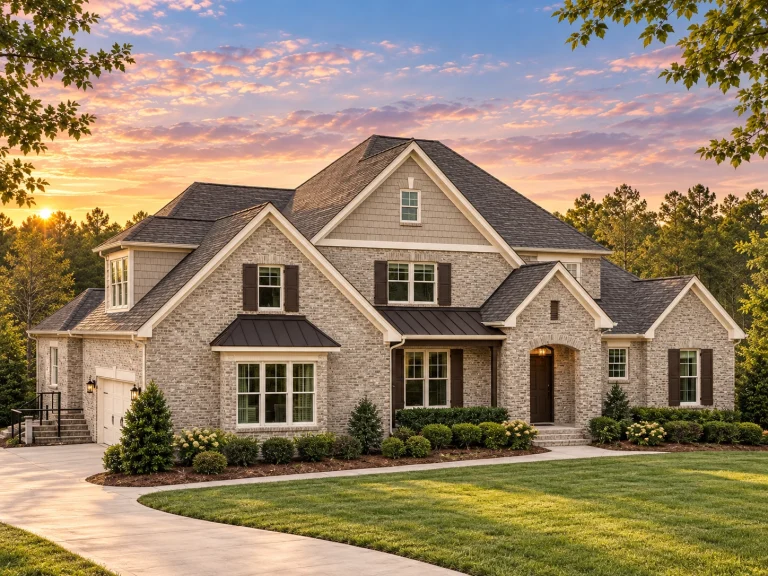 Front elevation of a New American Traditional brick home with symmetrical gables, covered entry, and classic suburban curb appeal