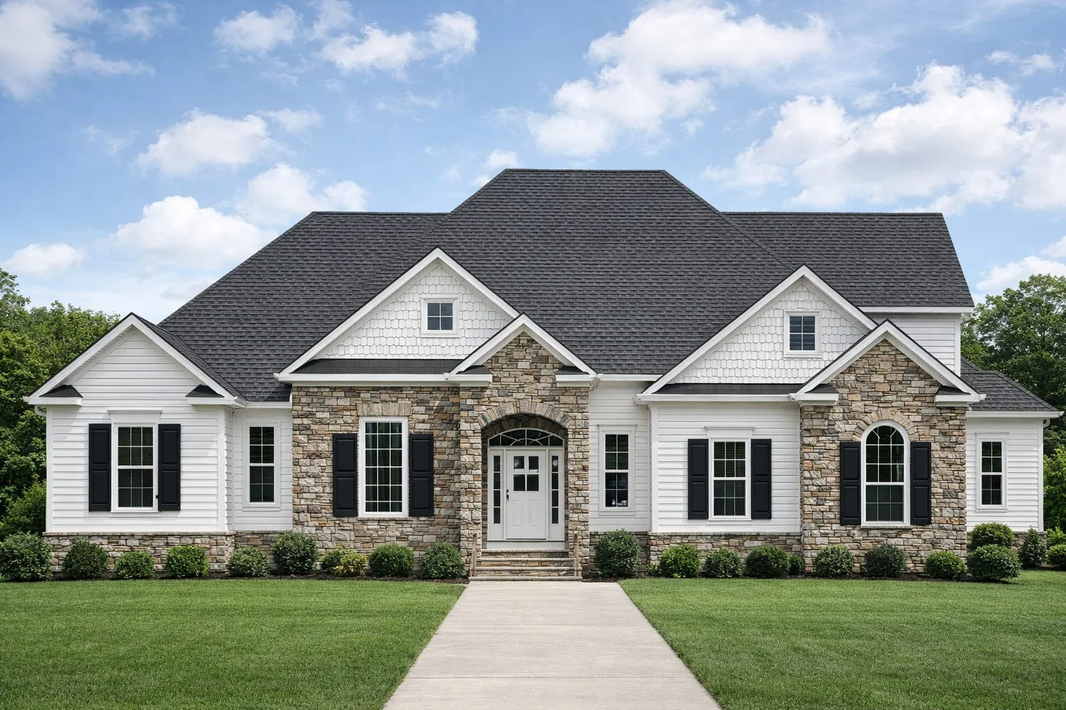 Front elevation of a traditional European-style house featuring brick and stone exterior, steep gabled roof, arched entry, and symmetrical suburban design
