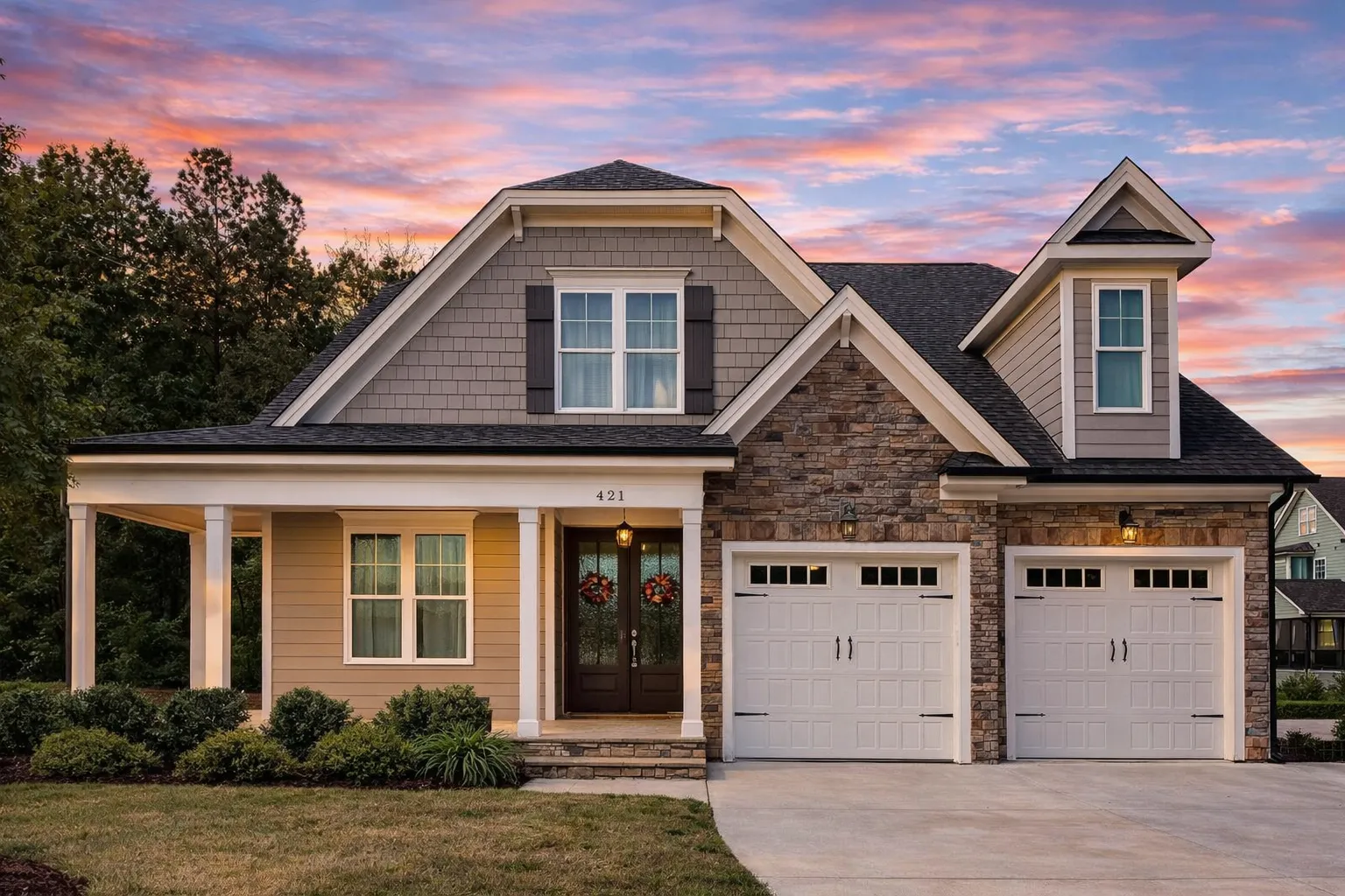 Contemporary House Plans 29 Front elevation of a New American Craftsman home featuring stone accents, horizontal siding, gabled rooflines, and a welcoming covered porch