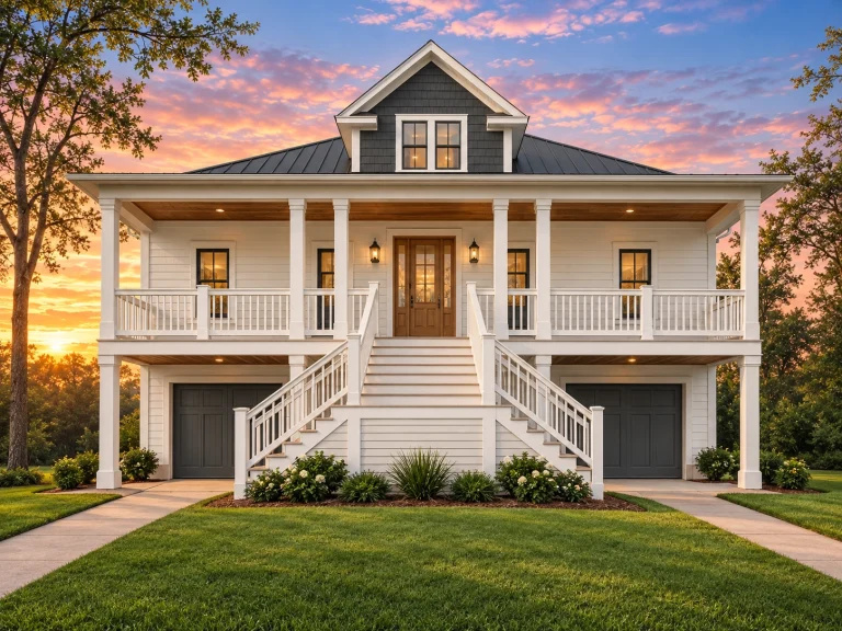 Front elevation of Low Country coastal style home with raised foundation, wide covered porch, lap siding, and metal roof