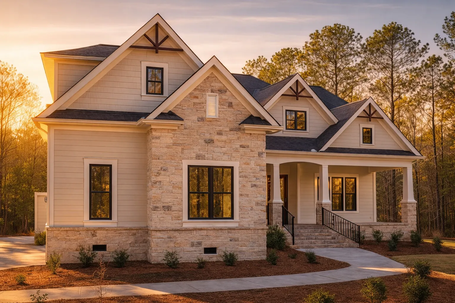 Front exterior of a New American Southern Traditional style home with painted brick, board-and-batten gables, steep rooflines, and covered entry porch