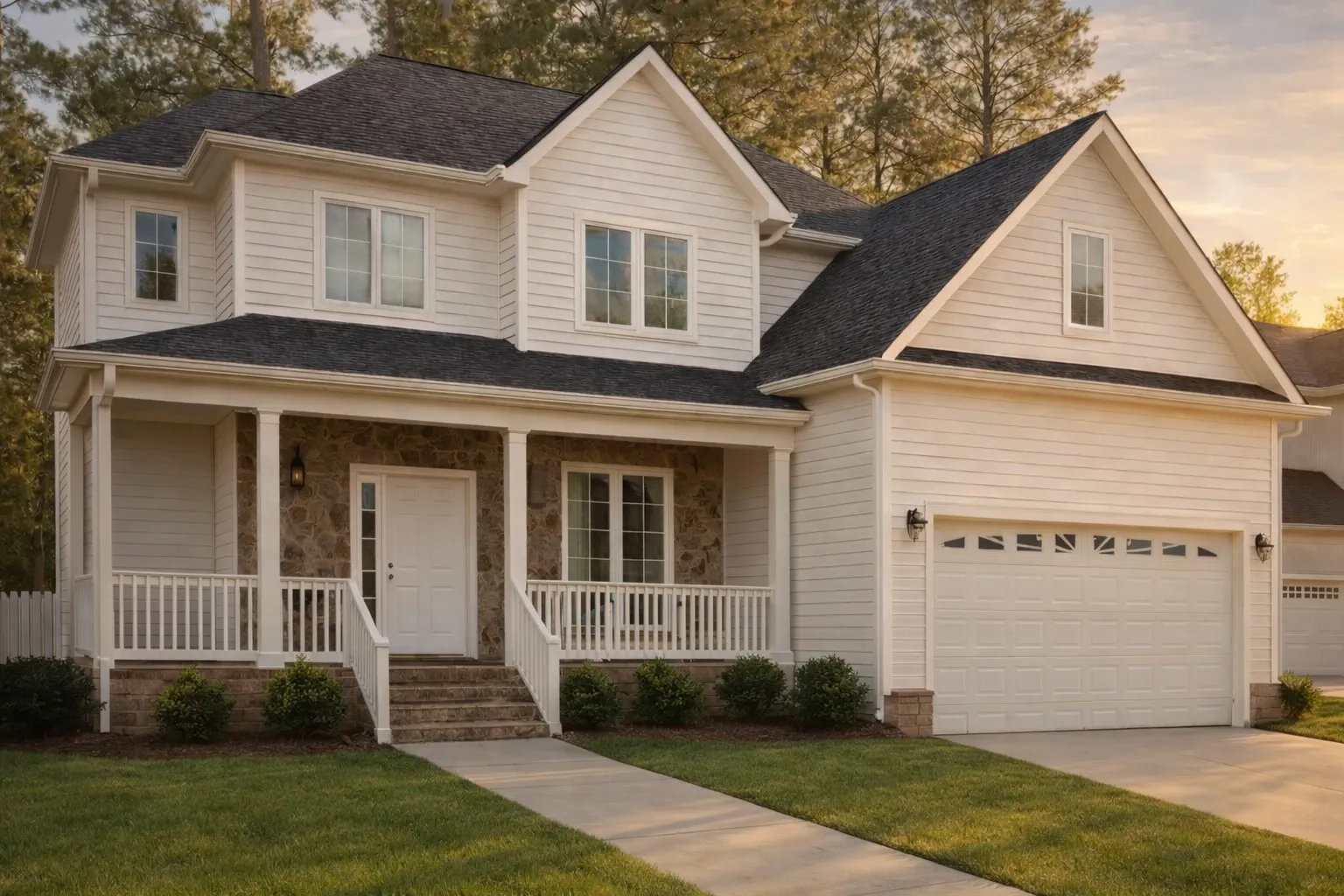 Front exterior of a New American Craftsman style home with horizontal siding, board-and-batten gables, covered porch, and attached garage