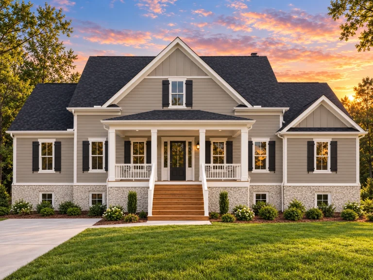 Front view of a Modern Farmhouse home with white board and batten siding, stone base, black metal roofing, and a welcoming covered porch