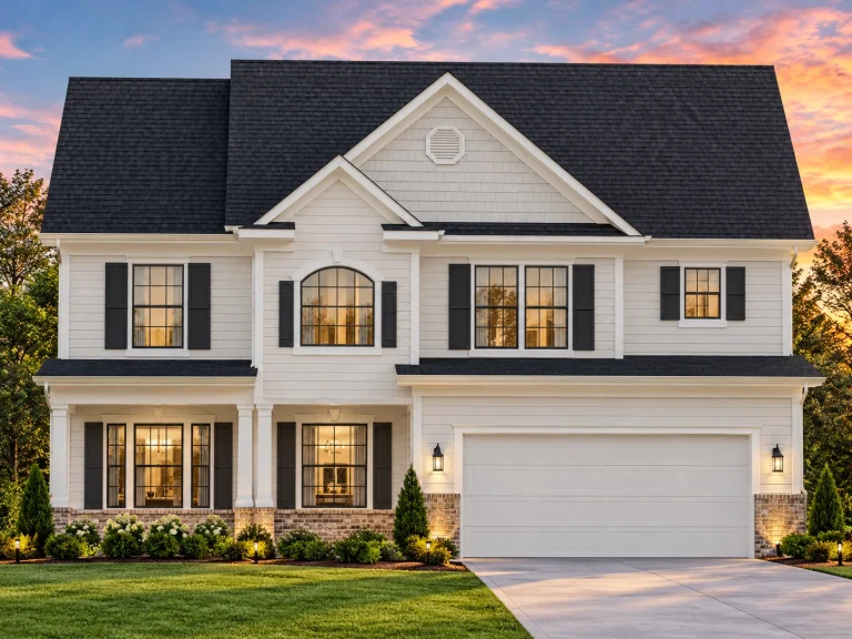 Front elevation of a Colonial Traditional style two-story home featuring white siding, dark shutters, and stone accent facade