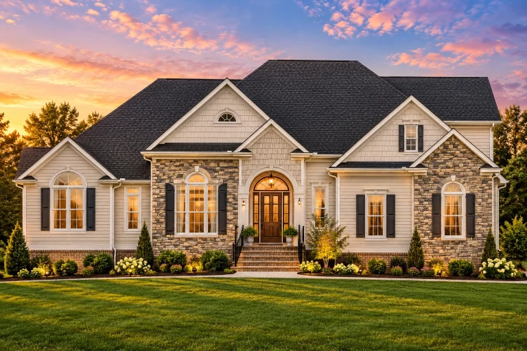 Front elevation of a traditional European-style house featuring brick and stone exterior, steep gabled roof, arched entry, and symmetrical suburban design