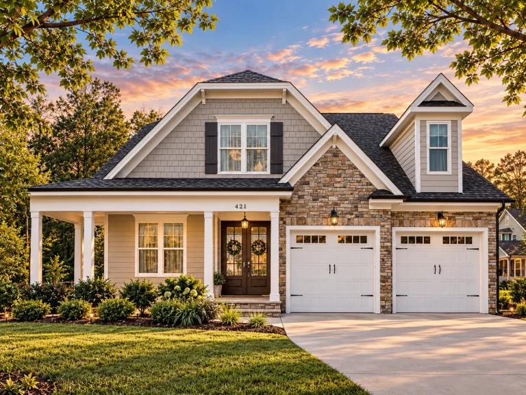 Front elevation of a New American Craftsman home featuring stone accents, horizontal siding, gabled rooflines, and a welcoming covered porch