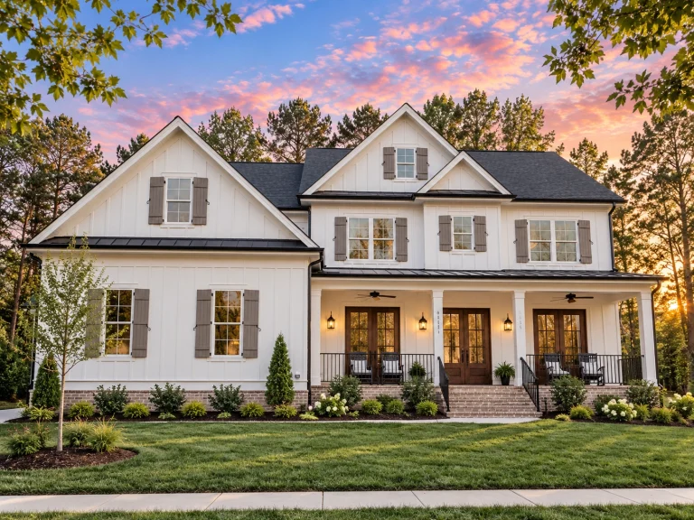Front elevation of Modern Farmhouse style home with white horizontal lap siding, symmetrical windows, and covered wraparound porch