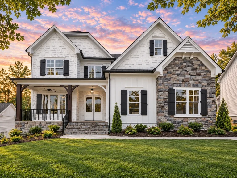 Best-Selling House Plans for Builders 17 Front elevation of a New American style house featuring stone veneer, horizontal siding, gabled rooflines, and a covered front porch