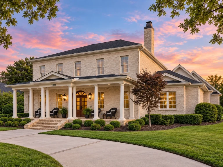 Front exterior of a Georgian Colonial style brick house featuring classical columns, symmetrical windows, and a covered front porch