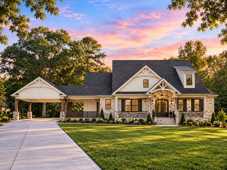 Top Designer-Approved House Plans 21 Front exterior of Craftsman style home with stone veneer, lap siding, shake gables, covered porch, and attached carport at sunset