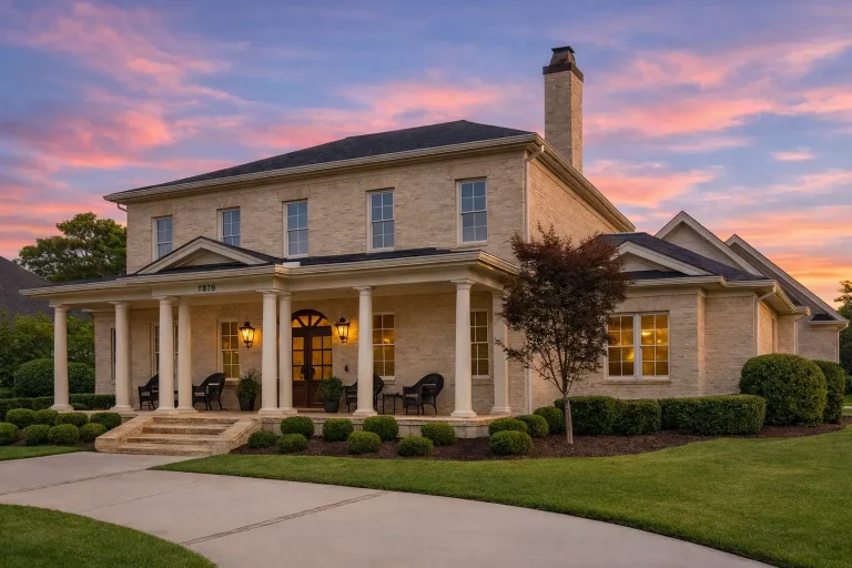 Front exterior of a Georgian Colonial style brick house featuring classical columns, symmetrical windows, and a covered front porch