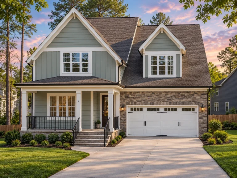 Front elevation of New American Modern Traditional home with horizontal lap siding, gabled rooflines, covered porch, and attached two-car garage