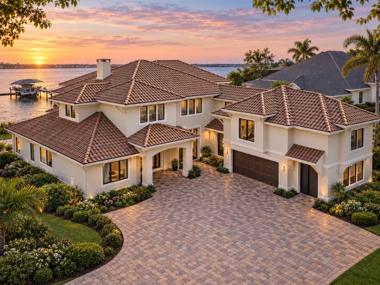 Front exterior view of a luxury Mediterranean style home featuring stucco walls, clay tile roofing, arched entry, and elegant European proportions