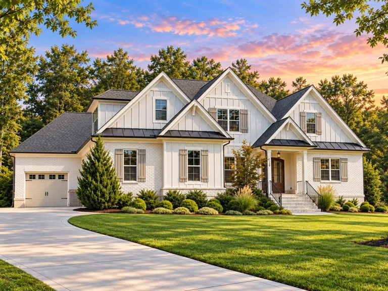 Ranch House Plans 1 Front elevation of a New American Modern Farmhouse style home featuring board and batten siding, stone accents, gabled rooflines, and an attached garage