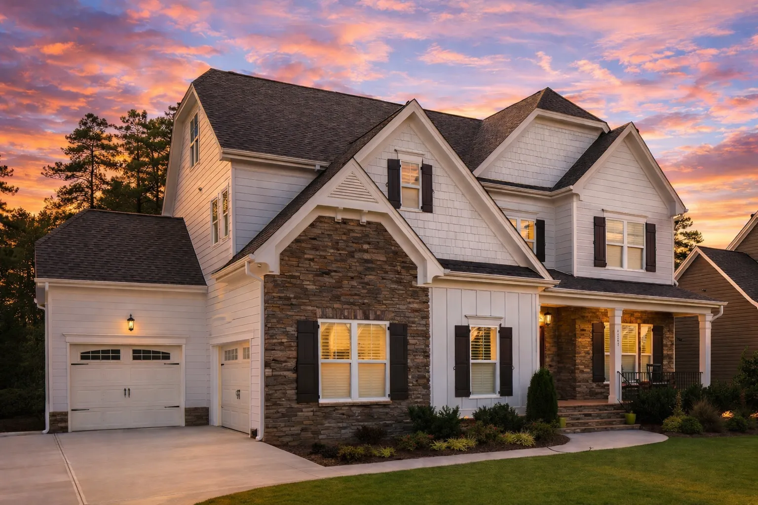 Front elevation of a New American modern traditional two-story home with stone veneer, horizontal lap siding, board-and-batten gables, warm wood shutters, and a covered entry