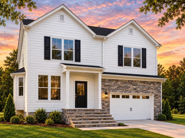 House Plans with Fireplace 20 Front exterior of a New American style two-story house with horizontal siding, stone veneer, black shutters, and covered entry porch
