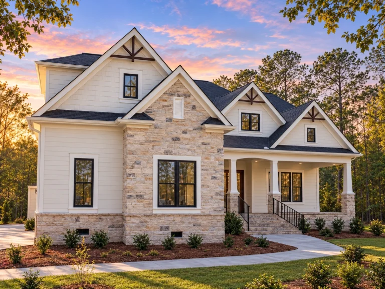 Front exterior of a New American Southern Traditional style home with painted brick, board-and-batten gables, steep rooflines, and covered entry porch