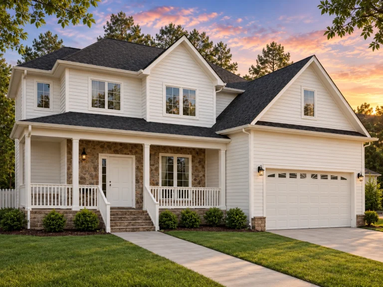 Front exterior of a New American Craftsman style home with horizontal siding, board-and-batten gables, covered porch, and attached garage