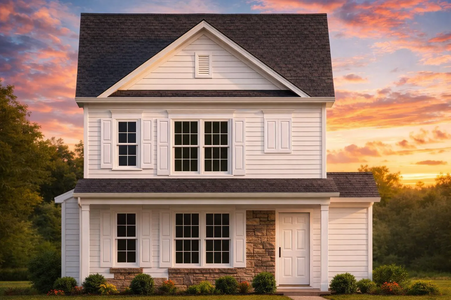 Front view of a Traditional Colonial home with horizontal siding, stone veneer accents, and symmetrical windows with shutters