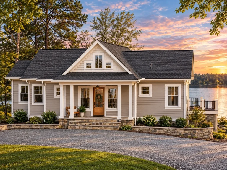 Front elevation of a New American modern traditional house featuring stone accents, horizontal siding, large windows, and a symmetrical two-story design