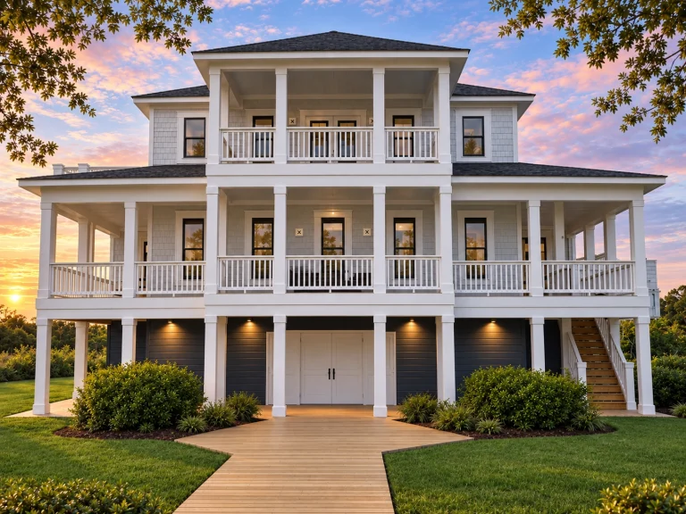 Ranch House Plans 25 Front view of a three-story Coastal Beach style home with light horizontal siding, two full-length porches, and a covered entryway.