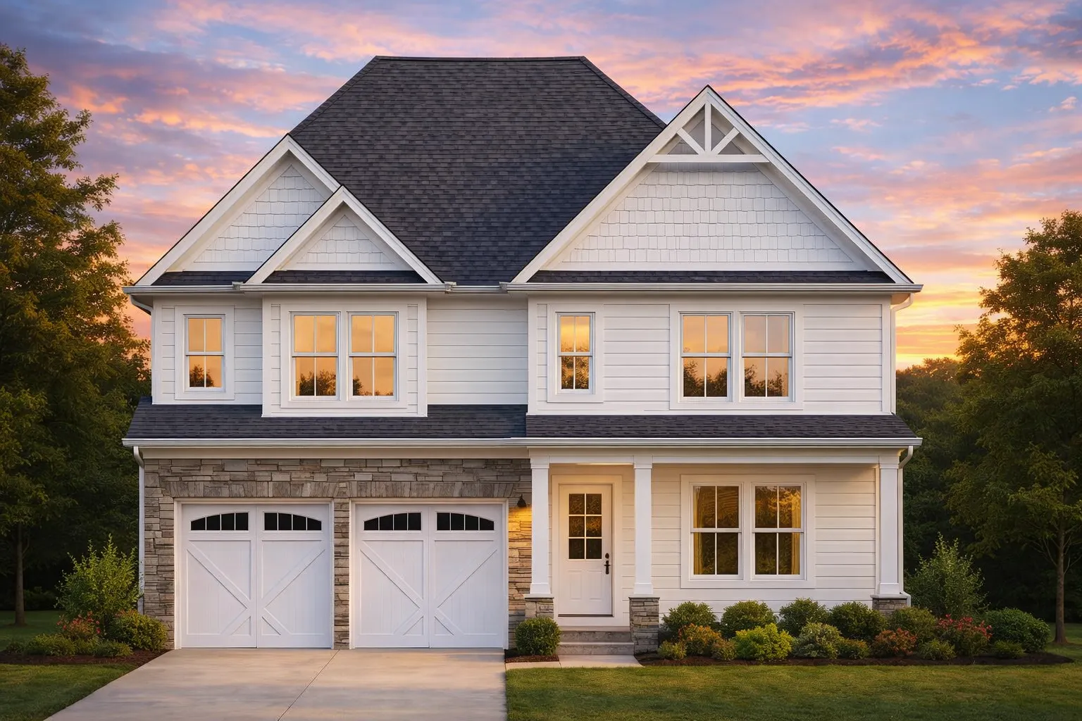 Sloping Lot House Plans 1 Front elevation of a Traditional two-story home featuring stone and horizontal siding exterior, black-framed windows, and double front-entry garage