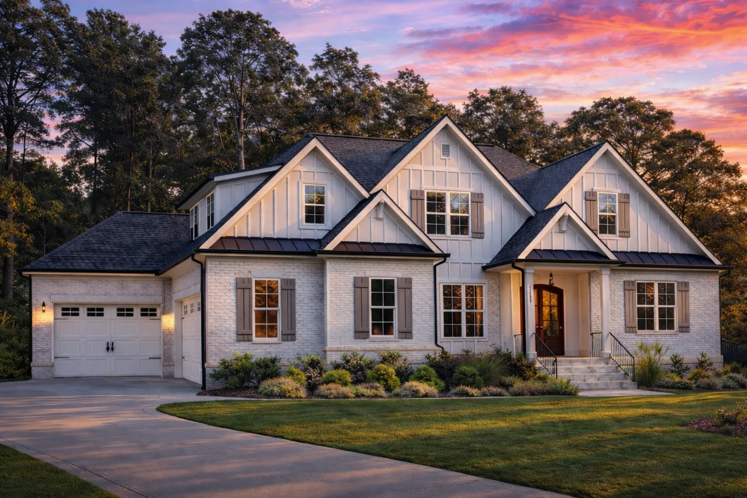 Front elevation of a New American Modern Farmhouse style home featuring board and batten siding, stone accents, gabled rooflines, and an attached garage