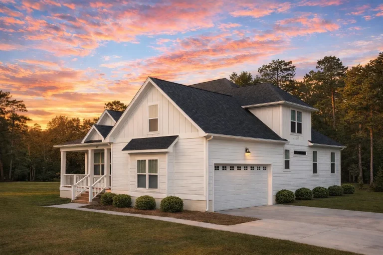 Front view of a Traditional Craftsman style house featuring gray horizontal lap siding with vertical board and batten accents and a gable roof design