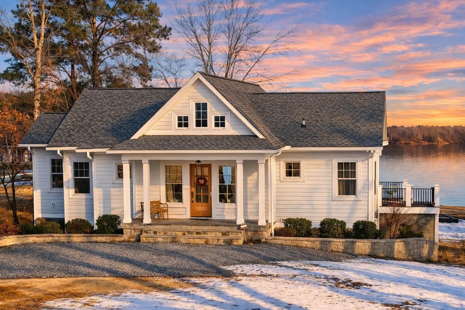 Front elevation of a New American modern traditional house featuring stone accents, horizontal siding, large windows, and a symmetrical two-story design