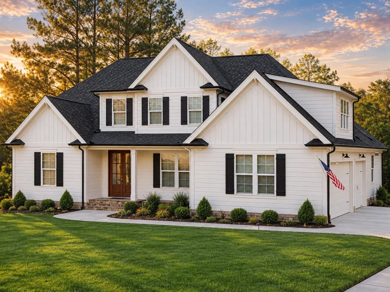Garage Apartment Plans 9 Front elevation of a Modern Farmhouse New American style home with board and batten siding, stone base, symmetrical windows, and covered porch