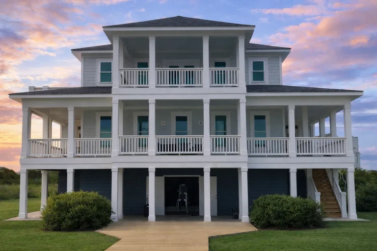 Front view of a three-story Coastal Beach style home with light horizontal siding, two full-length porches, and a covered entryway.