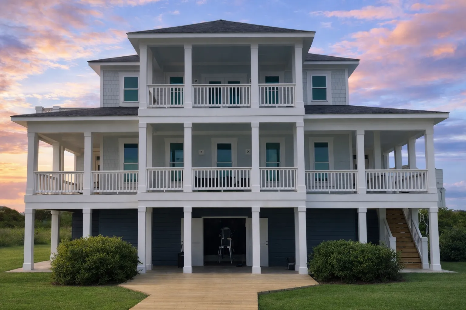 Modern House Plans 27 Front view of a three-story Coastal Beach style home with light horizontal siding, two full-length porches, and a covered entryway.