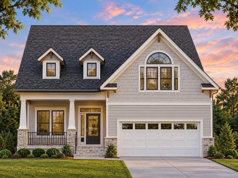 Front elevation of a New American style house with lap siding, stone accents, dormer windows, and an attached two-car garage