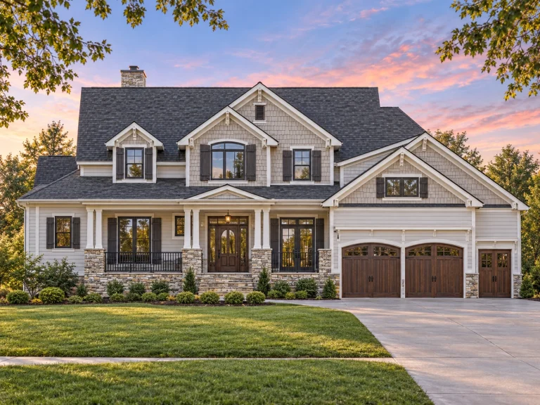 House Plans with Second Floor Laundry Room 20 Front elevation of a New American style suburban house featuring lap siding, shingle accents, covered front porch, and three-car garage